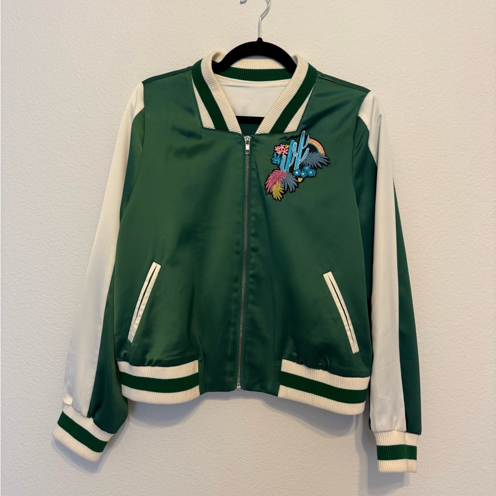 Maje Green Satin Embroidered Bomber Jacket